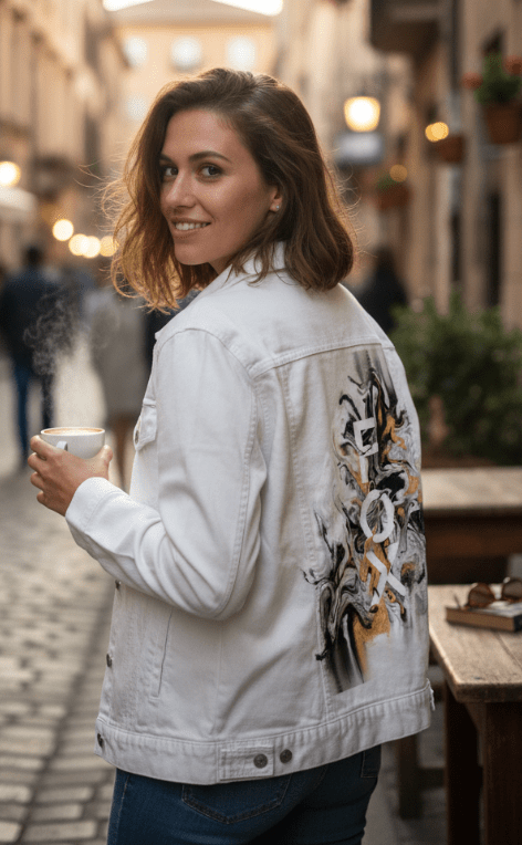 FOX BW GOLD by RaMir DESIGNS,printed by DenimINK on hand-crafted Denim Jackets and other denim products and other denim products: tote bags, throw pillows, table place mats, aprons