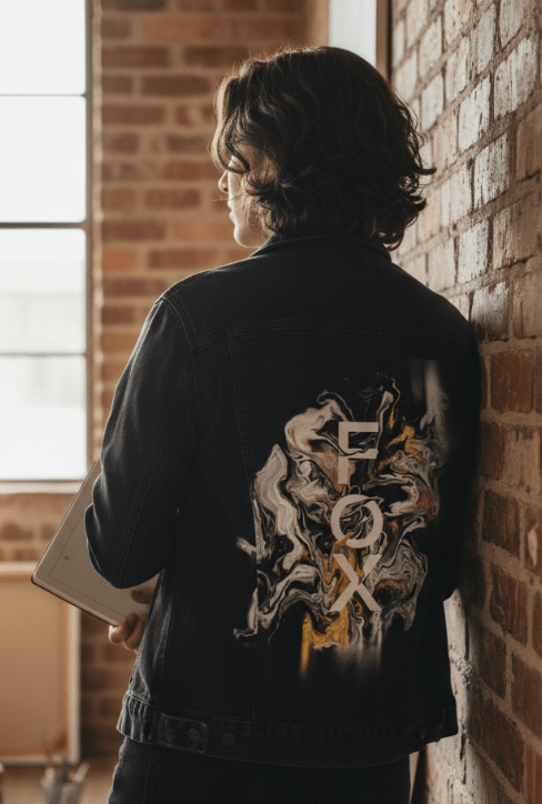 FOX BW GOLD by RaMir DESIGNS,printed by DenimINK on hand-crafted Denim Jackets and other denim products and other denim products: tote bags, throw pillows, table place mats, aprons