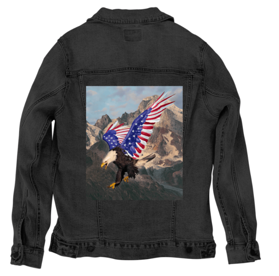 FREE FROM FEAR by VINCENT HIE, printed on denim jackets and other denim products: tote bags, throw pillows, table place mats, aprons