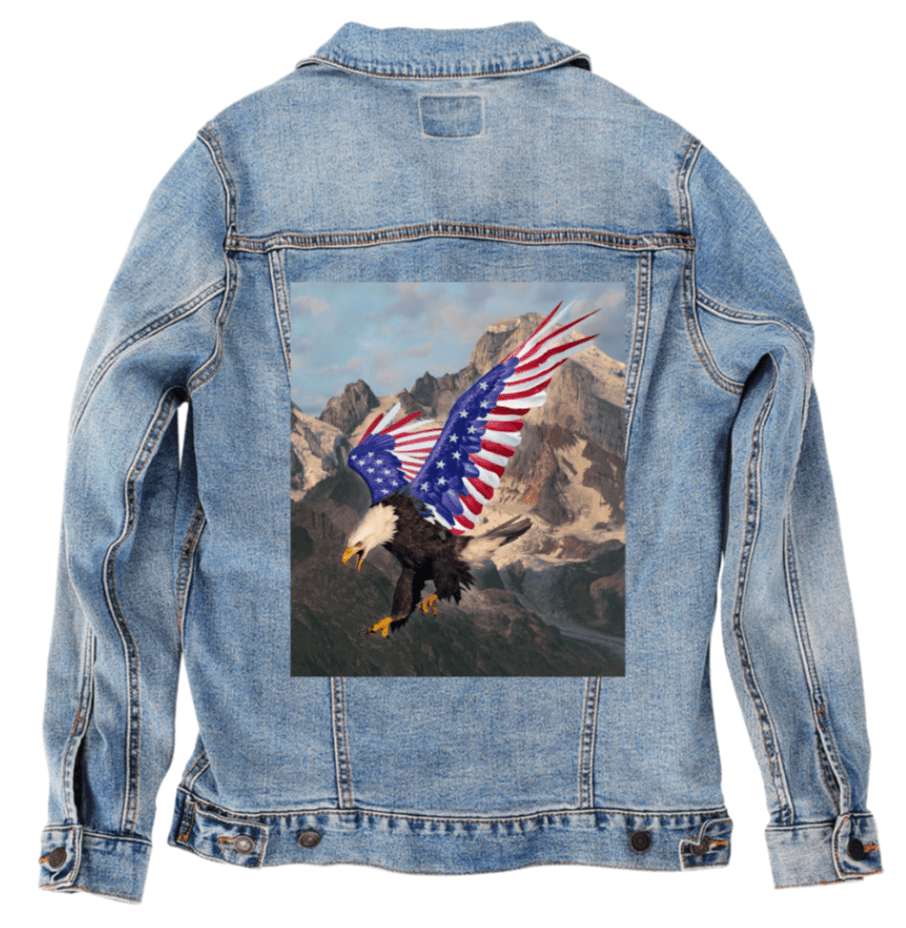 FREE FROM FEAR by VINCENT HIE, printed on denim jackets and other denim products: tote bags, throw pillows, table place mats, aprons
