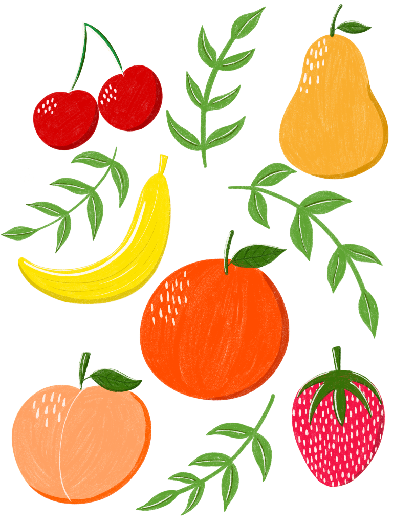 illustration of Assorted fruits and leafy sprigs scattered across a transparent background. The composition includes two red cherries with green stems, a curved yellow banana, a bright orange, a peach with a central seam, a golden pear, and a red strawberry with white seed marks. Each fruit is rendered in flat, saturated color with soft shading and small white highlight marks, while surrounding green leaves appear in simple elongated shapes with smooth edges. Titled “Fruit Garden” created by Hend Shehata