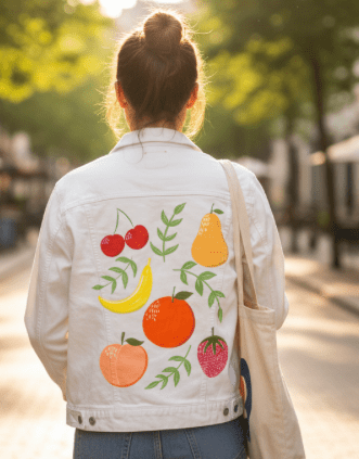 FRUIT GARDEN by HEND SHEHATA,printed by DenimINK on hand-crafted Denim Jackets and other denim products and other denim products: tote bags, throw pillows, table place mats, aprons