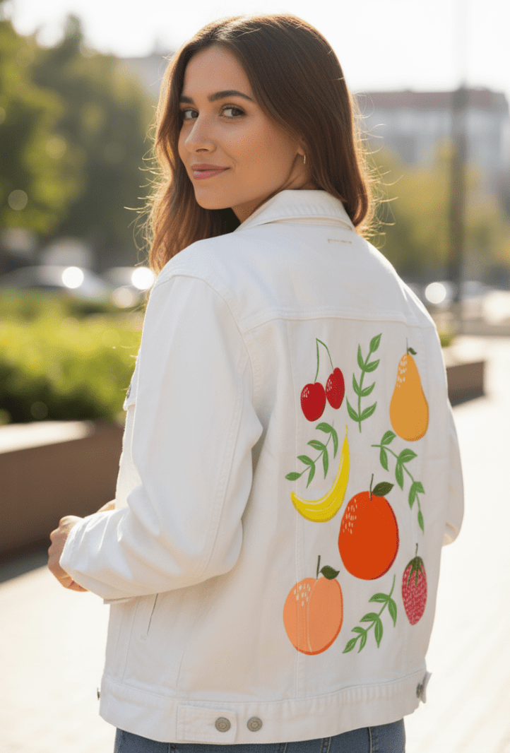FRUIT GARDEN by HEND SHEHATA,printed by DenimINK on hand-crafted Denim Jackets and other denim products and other denim products: tote bags, throw pillows, table place mats, aprons
