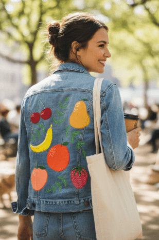FRUIT GARDEN by HEND SHEHATA,printed by DenimINK on hand-crafted Denim Jackets and other denim products and other denim products: tote bags, throw pillows, table place mats, aprons