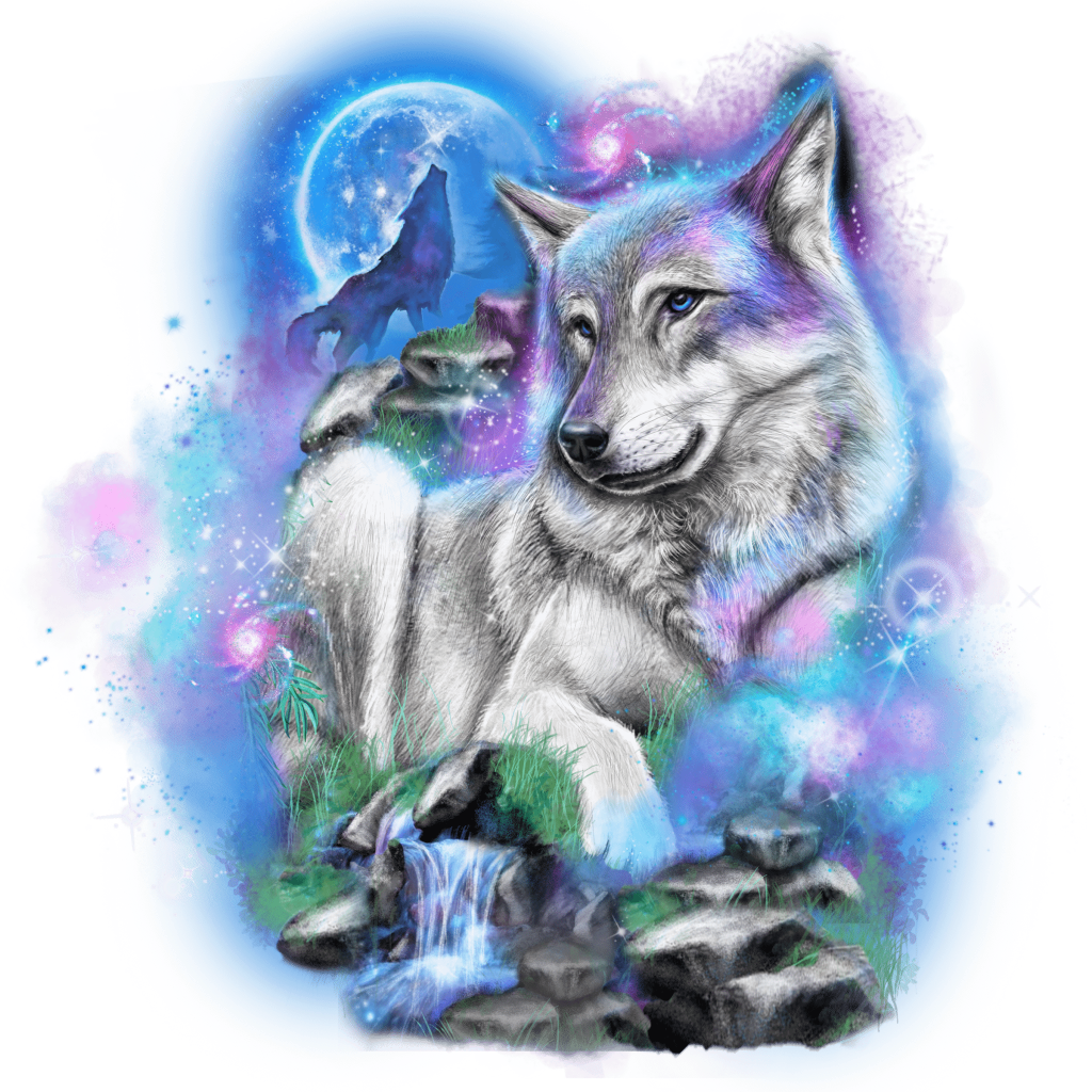 illustration of a gray wolf standing on mossy rocks beside a small waterfall, its body angled three-quarters with head turned slightly to the right and blue eyes gazing outward. the wolf’s fur is detailed in layered gray, silver, and white strokes. behind it, a glowing full moon illuminates silhouetted pine trees, with a second wolf howling on a distant ridge. swirling nebula-like clouds in blue, purple, and pink surround the scene, dotted with star-like sparkles. this artwork is titled “Galaxy Wolf” and cr