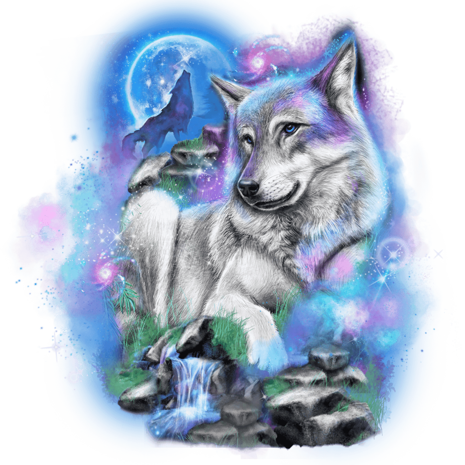 GALAXY WOLF by SHEENA PIKE, printed on denim jackets and other denim products: tote bags, throw pillows, table place mats, aprons