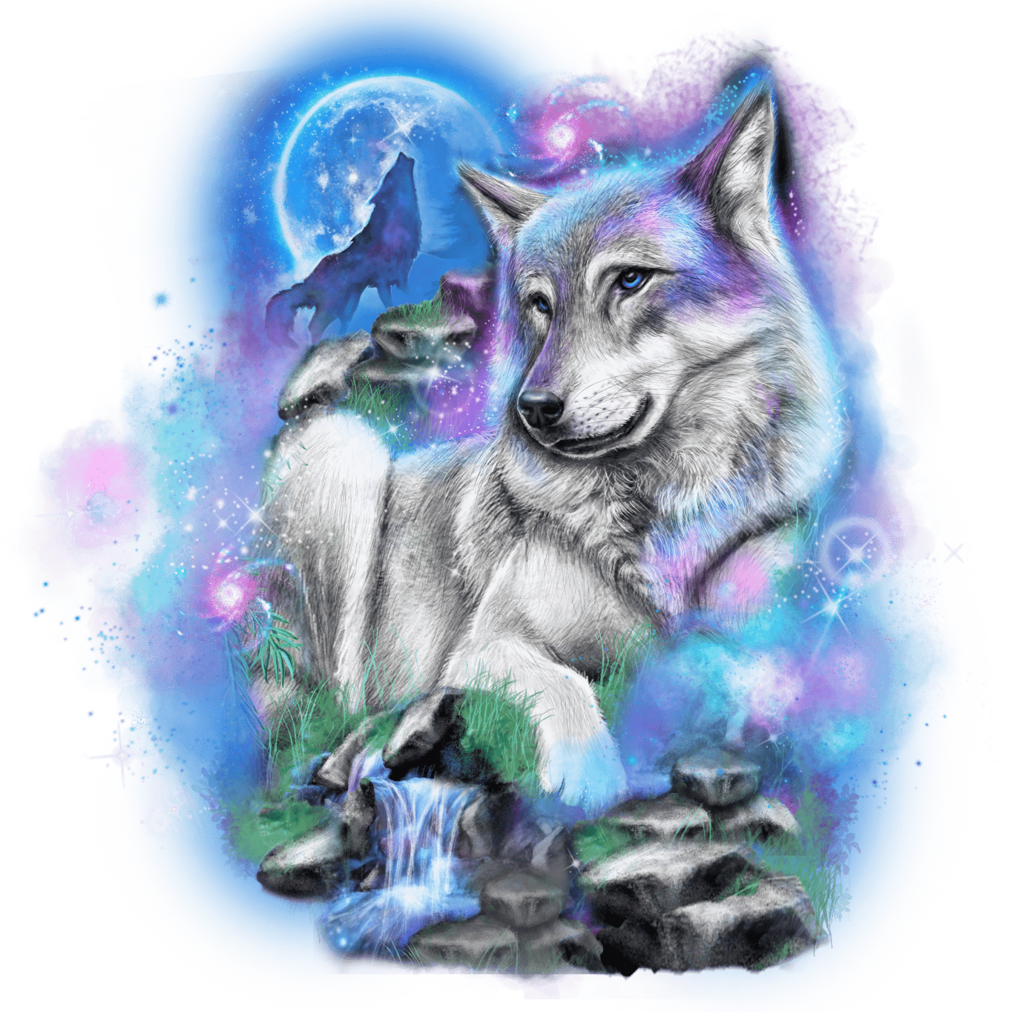 GALAXY WOLF by SHEENA PIKE, printed on denim jackets and other denim products: tote bags, throw pillows, table place mats, aprons