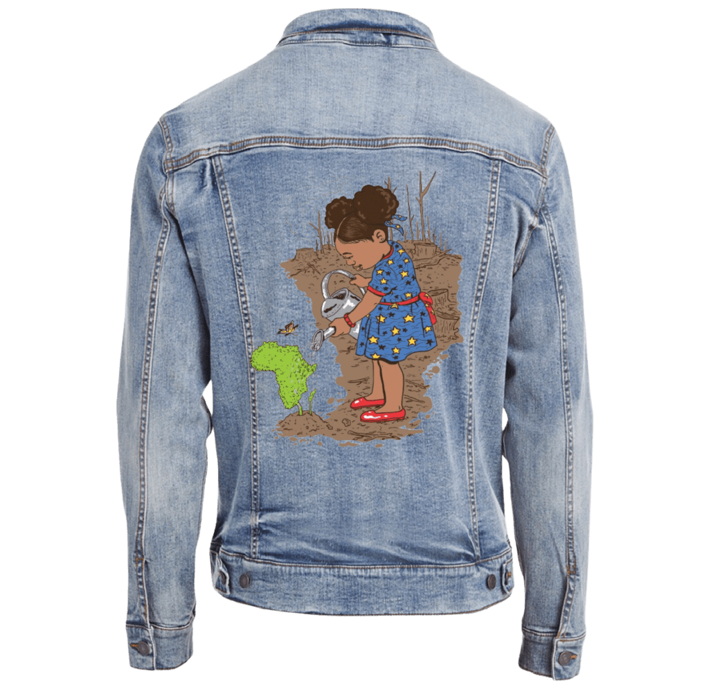 GIRL WATERING by THE NYGERIANS custom denim jacket by DenimINK