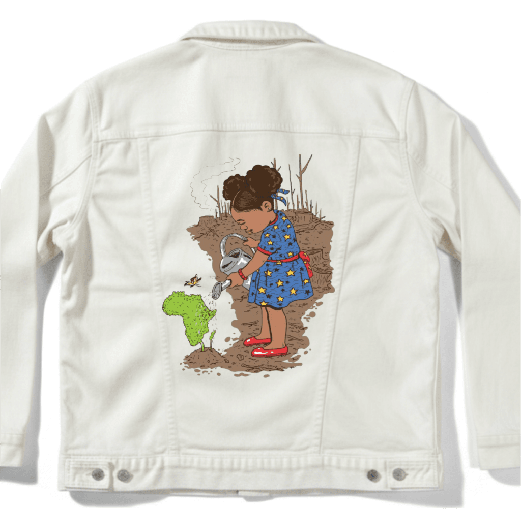 GIRL WATERING by THE NYGERIANS custom denim jacket by DenimINK