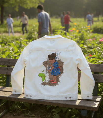 GIRL WATERING, by THE NYGERIANS, printed on denim jackets and other denim products: tote bags, throw pillows, table place mats, aprons