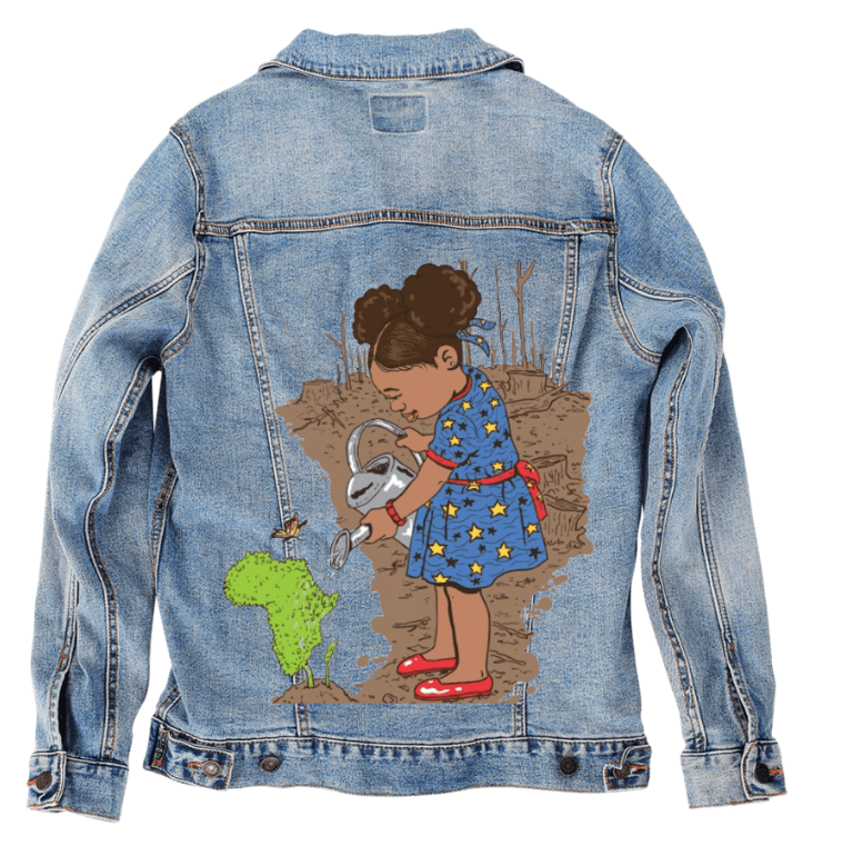GIRL WATERING, by THE NYGERIANS, printed on denim jackets and other denim products: tote bags, throw pillows, table place mats, aprons