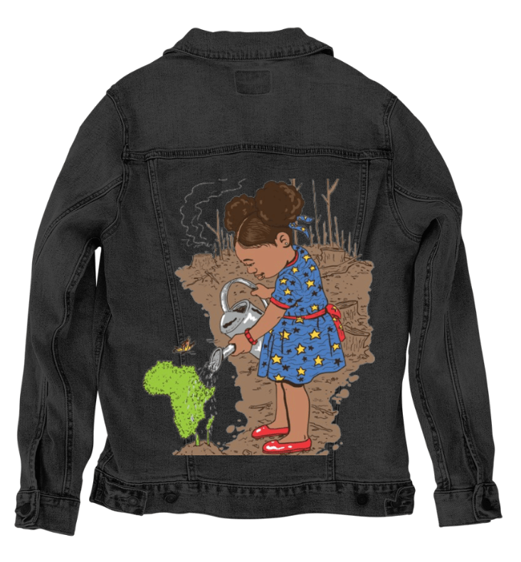 GIRL WATERING, by THE NYGERIANS, printed on denim jackets and other denim products: tote bags, throw pillows, table place mats, aprons