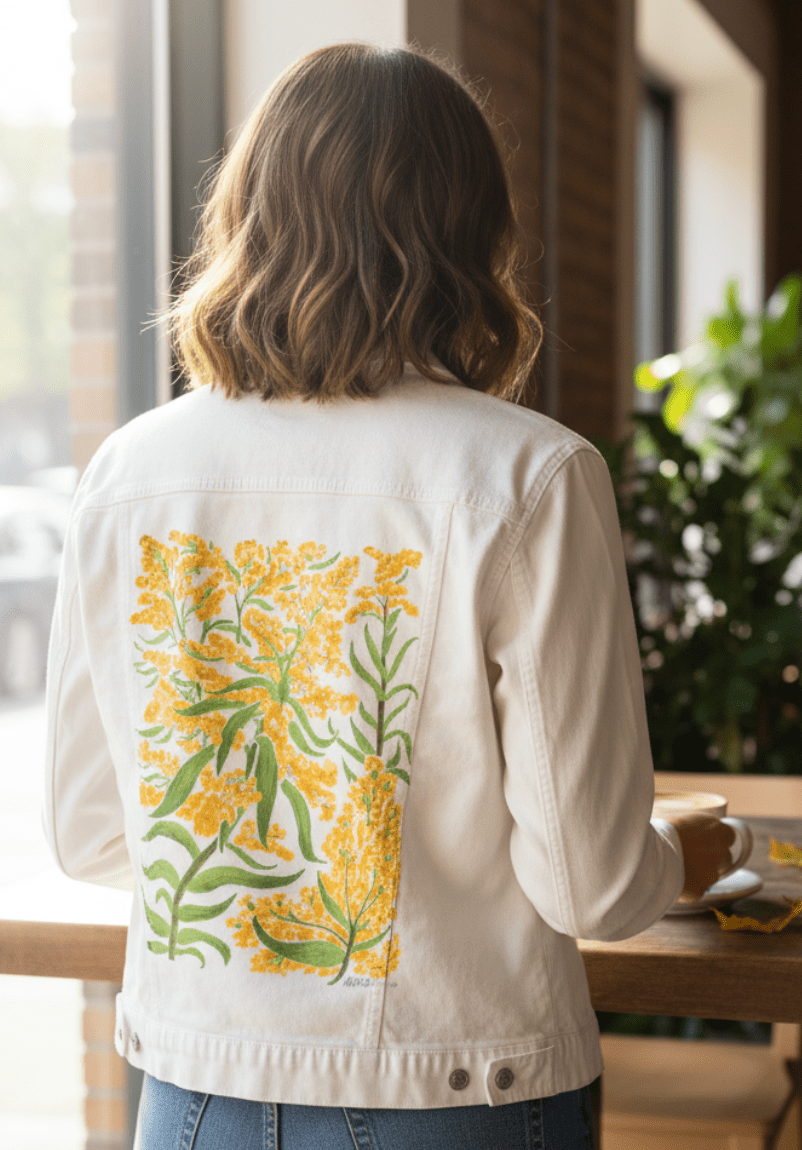 GOLDENROD by KITSCH AND CURATE, printed on denim jackets and other denim products: tote bags, throw pillows, table place mats, aprons