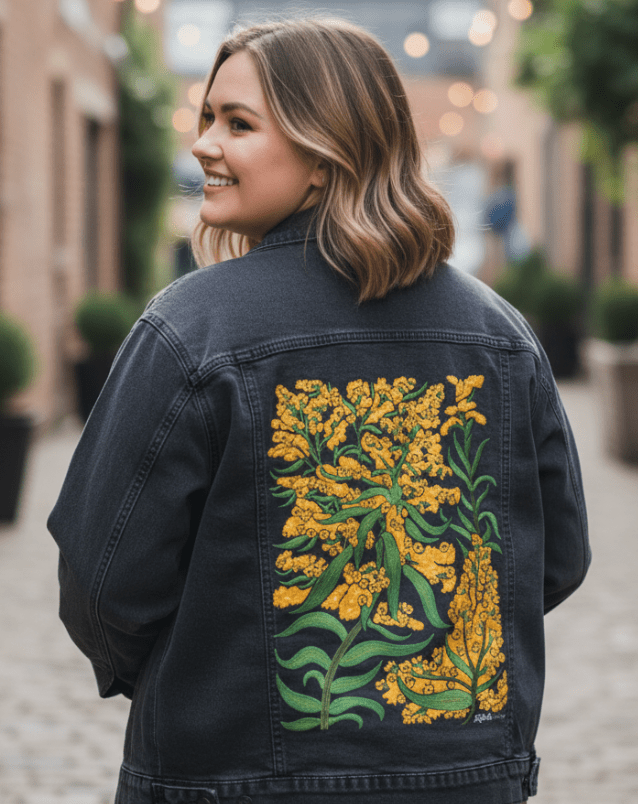 GOLDENROD by KITSCH AND CURATE, printed on denim jackets and other denim products: tote bags, throw pillows, table place mats, aprons