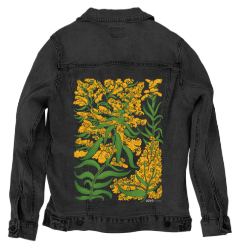 GOLDENROD by KITSCH AND CURATE, printed on denim jackets and other denim products: tote bags, throw pillows, table place mats, aprons