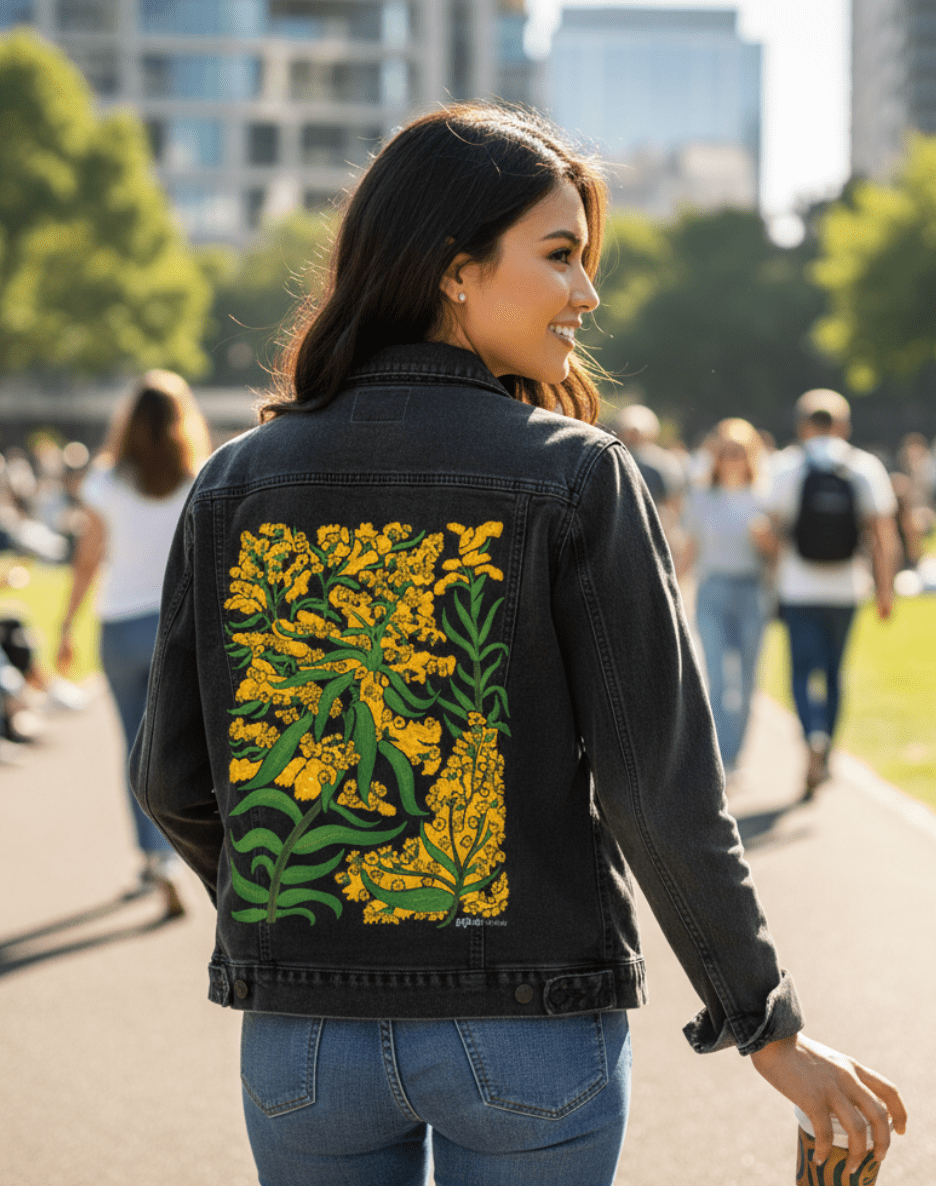 GOLDENROD by KITSCH AND CURATE, printed on denim jackets and other denim products: tote bags, throw pillows, table place mats, aprons