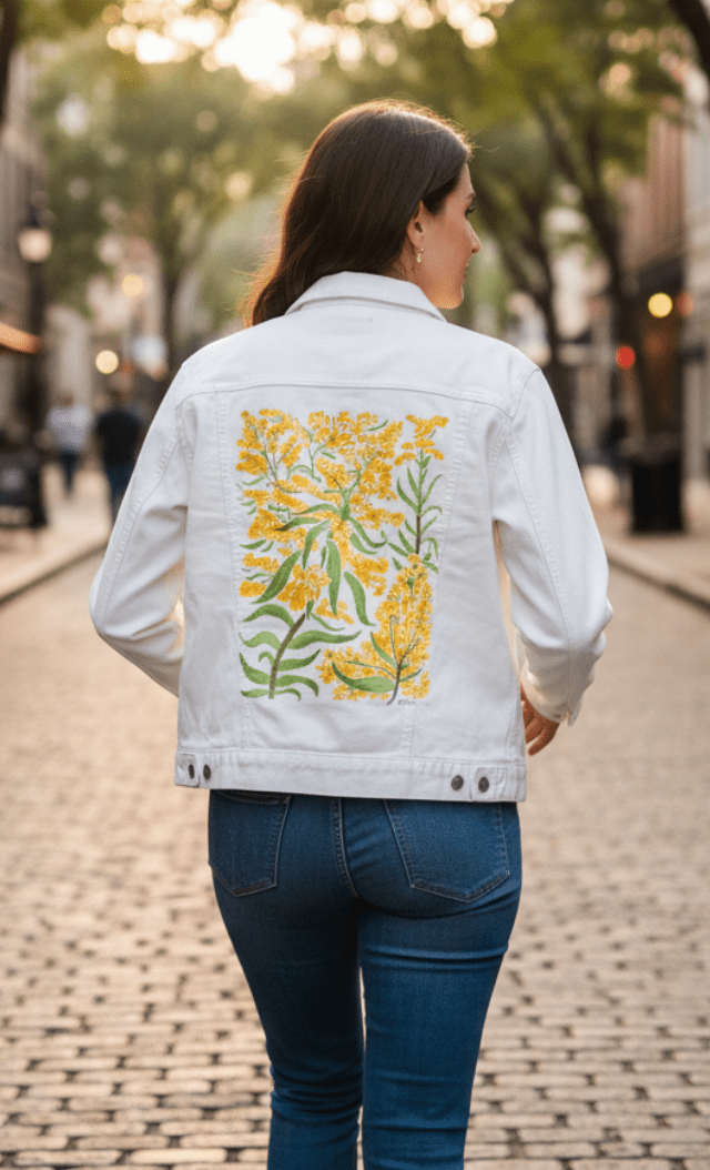 GOLDENROD by KITSCH AND CURATE, printed on denim jackets and other denim products: tote bags, throw pillows, table place mats, aprons