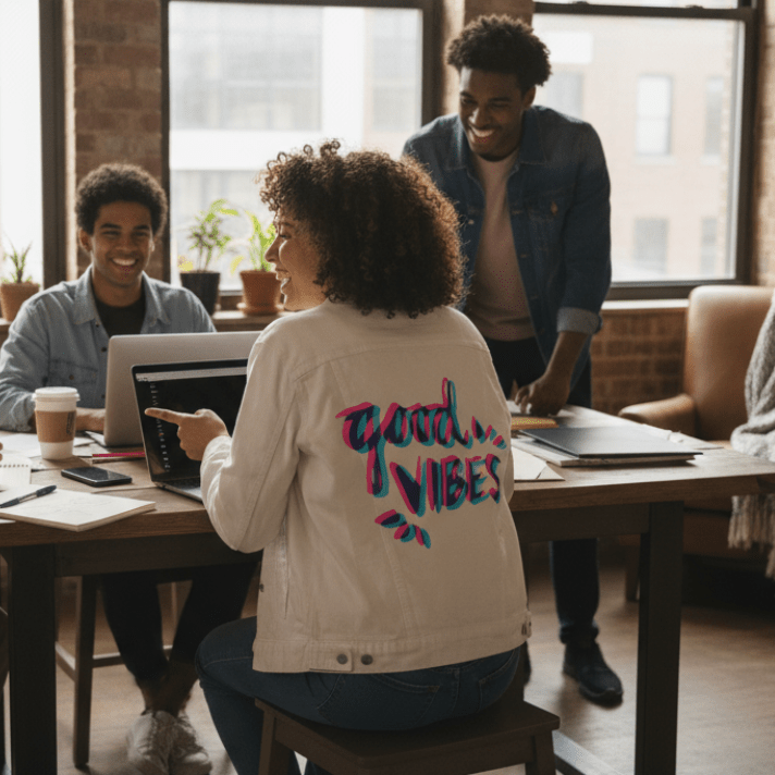 back view of a model sitting at a table in a casual café surrounded by other individuals, wearing a white denim jacket with the artwork “Good Vibes” by CatCoq. the colorful hand-lettered design in pink, teal, and blue is centered on the jacket’s back panel and digitally printed by DenimINK.