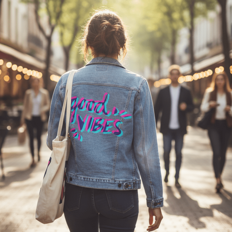 back view of a model walking through a sunlit shopping street in the morning, wearing a stonewashed denim jacket featuring the artwork “Good Vibes” by CatCoq. the pink, teal, and blue brush-lettered design appears bold and expressive on the jacket’s back panel, digitally printed by DenimINK.