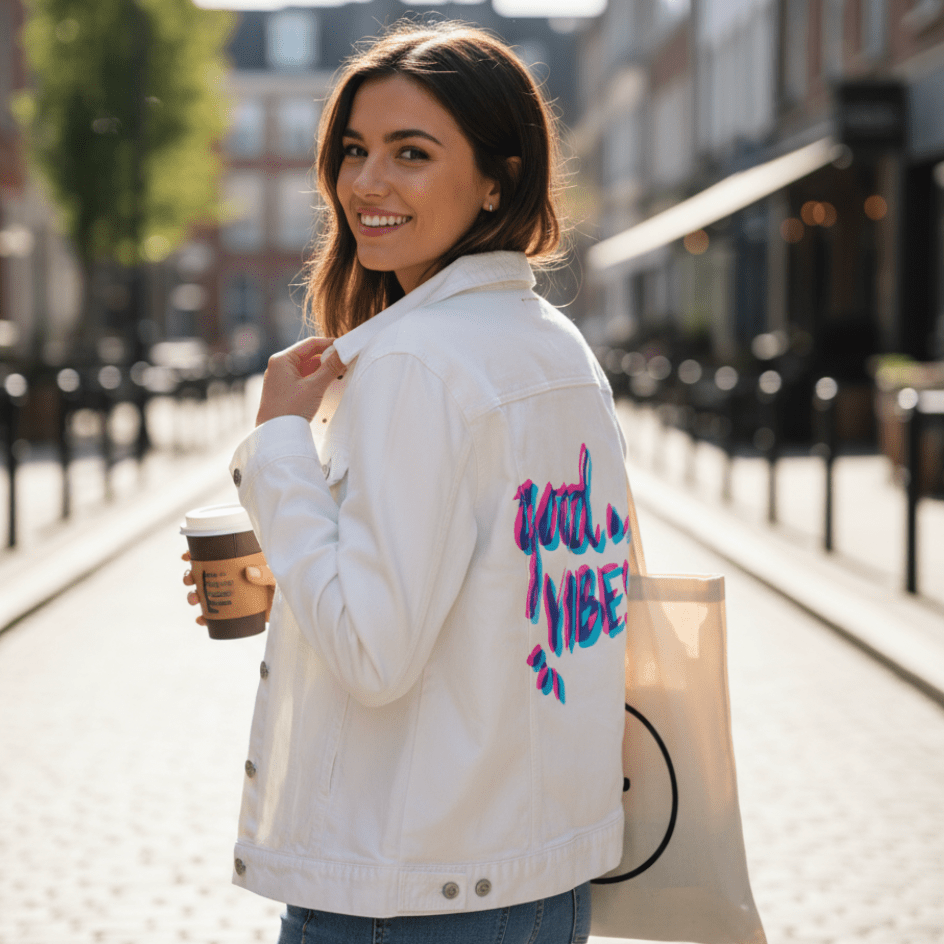 three-quarter view of a model walking outdoors while holding a coffee cup, wearing a white denim jacket printed with the artwork “Good Vibes” by CatCoq. the overlapping brush lettering in vibrant pink, teal, and blue is displayed prominently on the back panel and digitally printed by DenimINK.