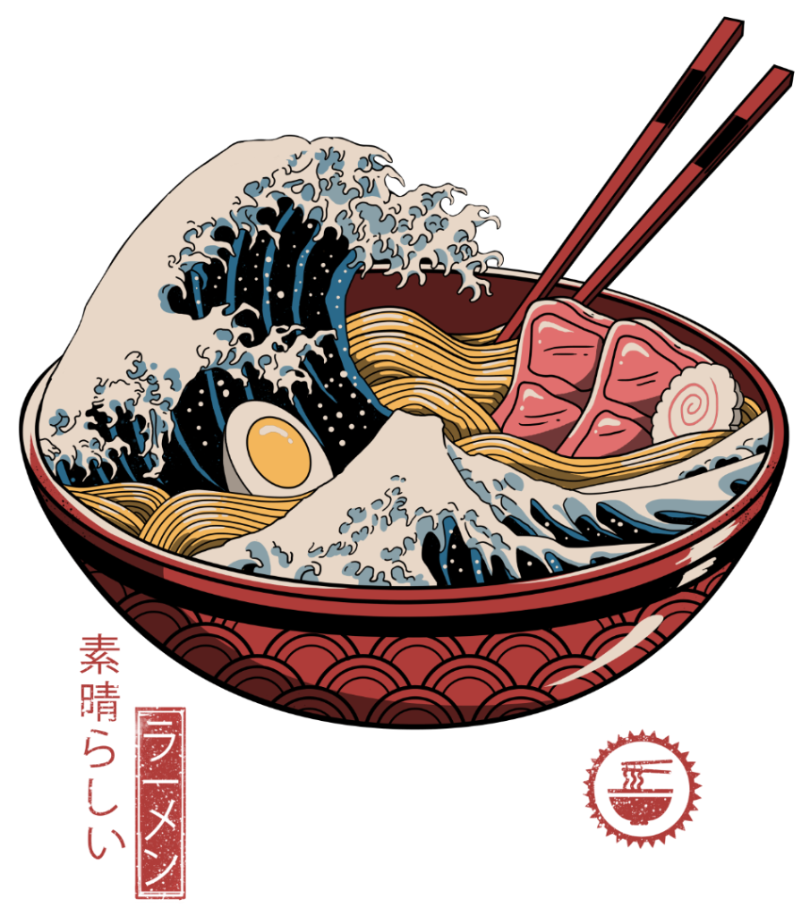 Printed Denim Jacket GREAT RAMEN WAVE by VINCENT TRINID, digitally printed on DENIM products: throw pillows, aprons, table place mats, and hand-crafted Unisex Denim Jackets in 3 color choices