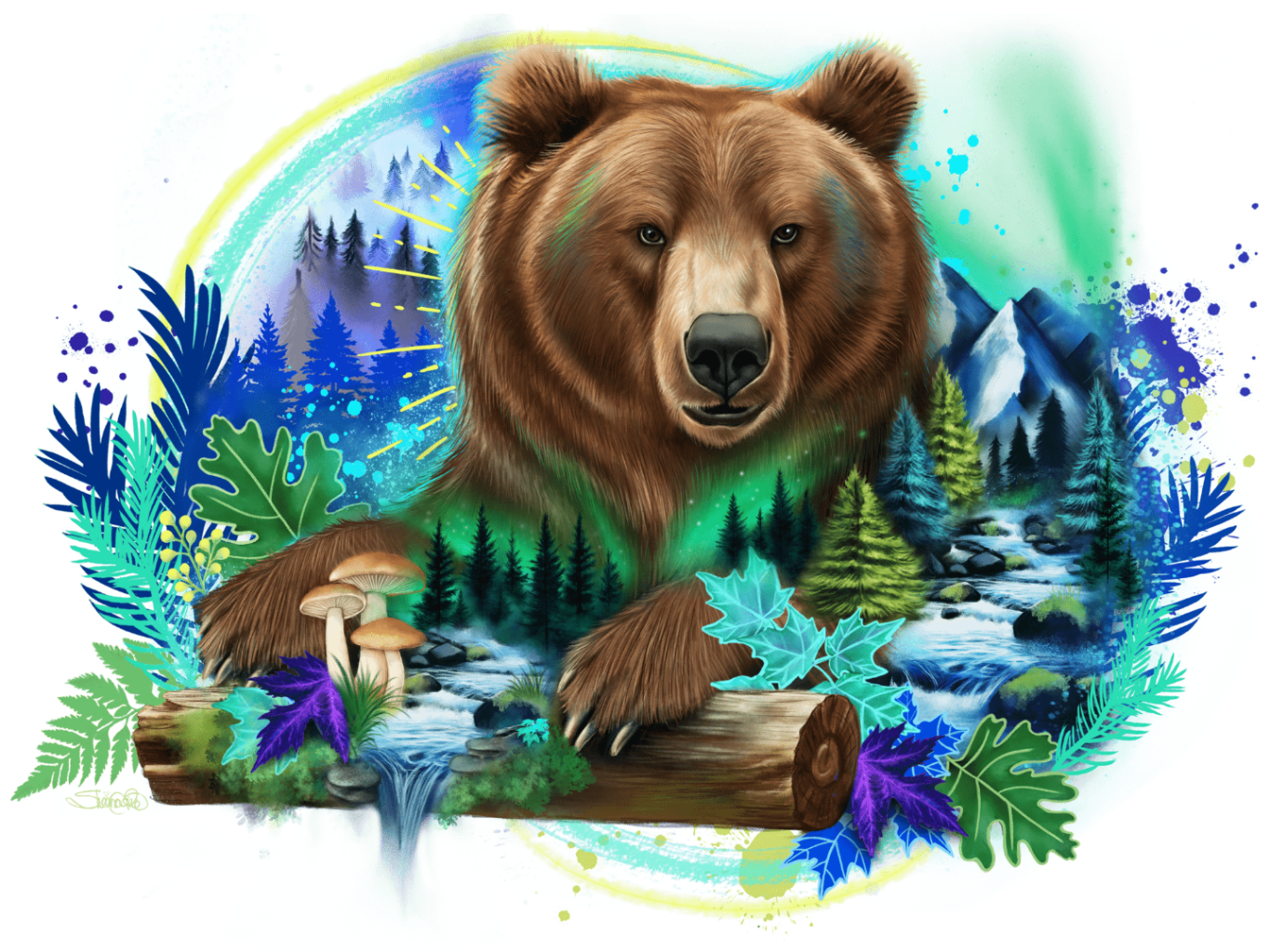 illustration of a large brown grizzly bear facing forward with calm amber eyes, its head and shoulders emerging above a forest river scene. evergreen trees, a flowing stream, mushrooms, logs, and leafy plants fill the foreground, with mountains and pine forests behind. glowing teal, turquoise, green, and blue paint washes form a circular aura around the bear, accented with speckled texture and radiant lines. this artwork is titled “Grizzly Spirit” and created by Sheena Pike