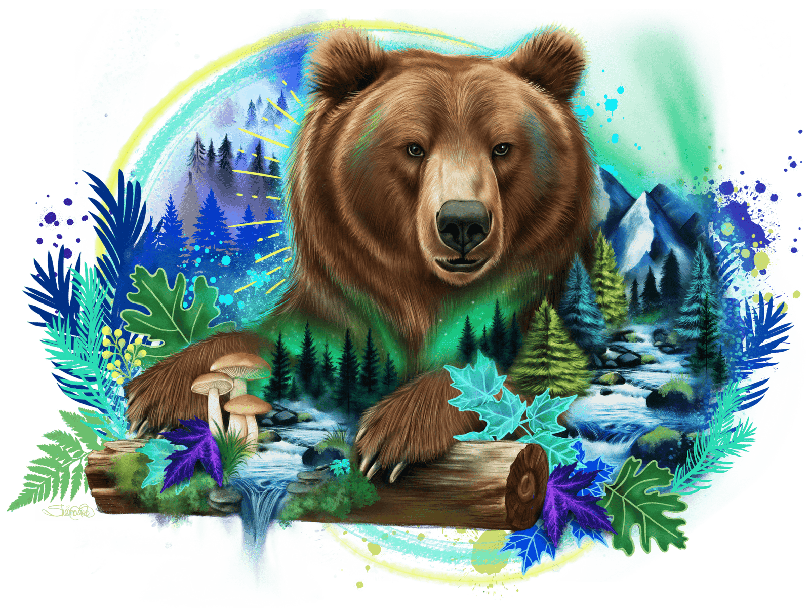 GRIZZLY SPIRIT by SHEENA PIKE,printed by DenimINK on hand-crafted Denim Jackets and other denim products and other denim products: tote bags, throw pillows, table place mats, aprons