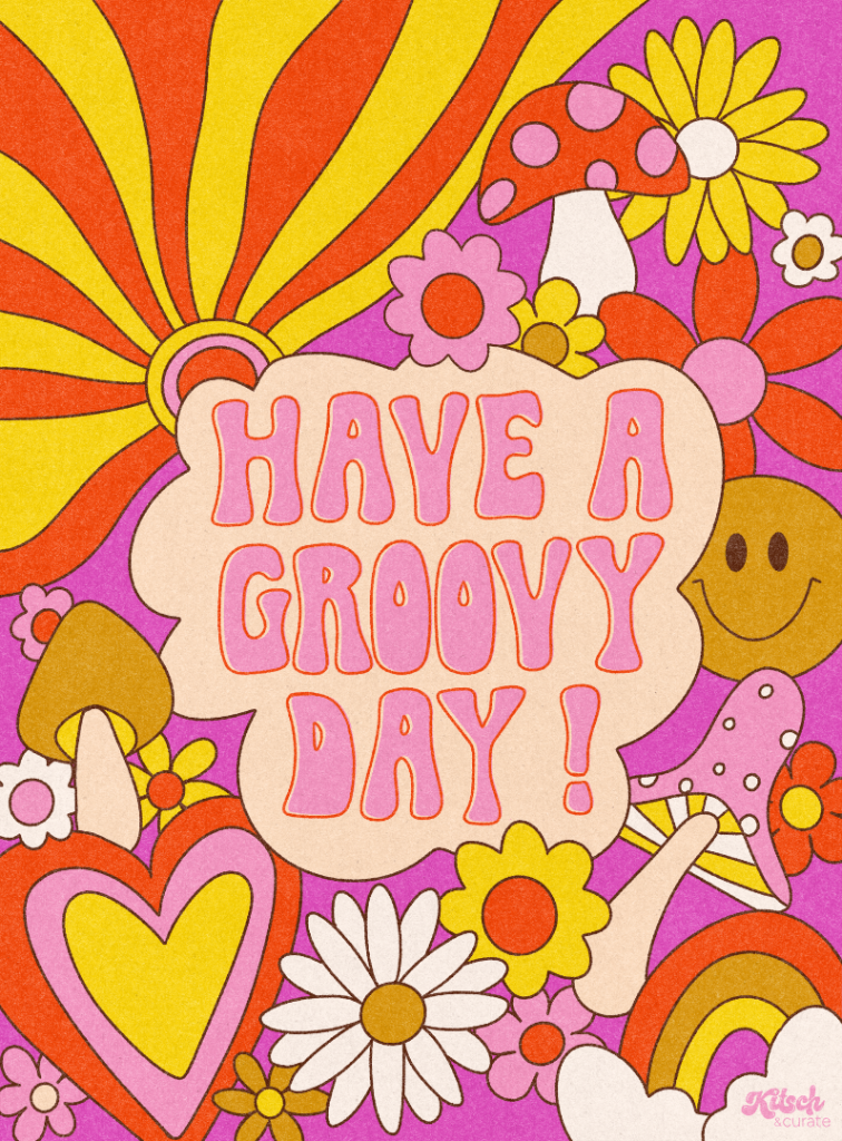 GROOVY DAY PINK by KITSCH AND CURATE, printed on denim jackets and other denim products: tote bags, throw pillows, table place mats, aprons