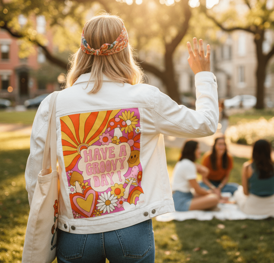 GROOVY DAY PINK by KITSCH AND CURATE, printed on denim jackets and other denim products: tote bags, throw pillows, table place mats, aprons