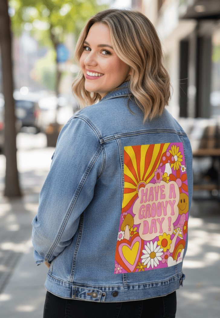 GROOVY DAY PINK by KITSCH AND CURATE, printed on denim jackets and other denim products: tote bags, throw pillows, table place mats, aprons