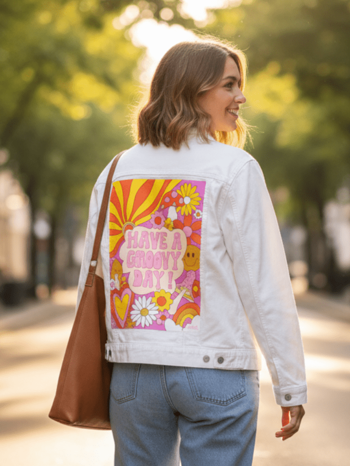 GROOVY DAY PINK by KITSCH AND CURATE, printed on denim jackets and other denim products: tote bags, throw pillows, table place mats, aprons