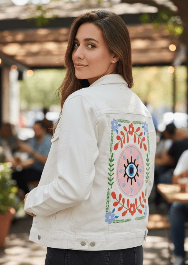GUARDED by HEND SHEHATA, printed on denim jackets and other denim products: tote bags, throw pillows, table place mats, aprons
