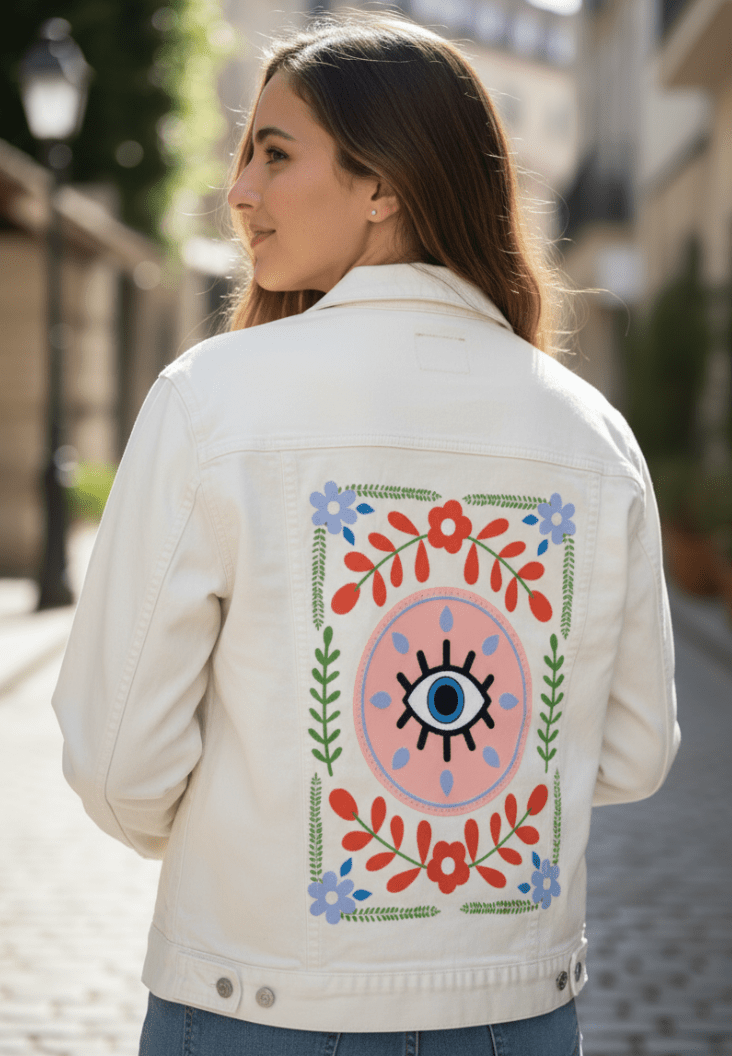 GUARDED by HEND SHEHATA, printed on denim jackets and other denim products: tote bags, throw pillows, table place mats, aprons