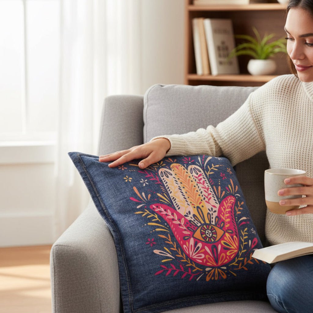 Woman holding a colorful pillow on a couch in a cozy living room. hamsa-hand-catcoq-denim-throw-pillow-lifestyle-shot