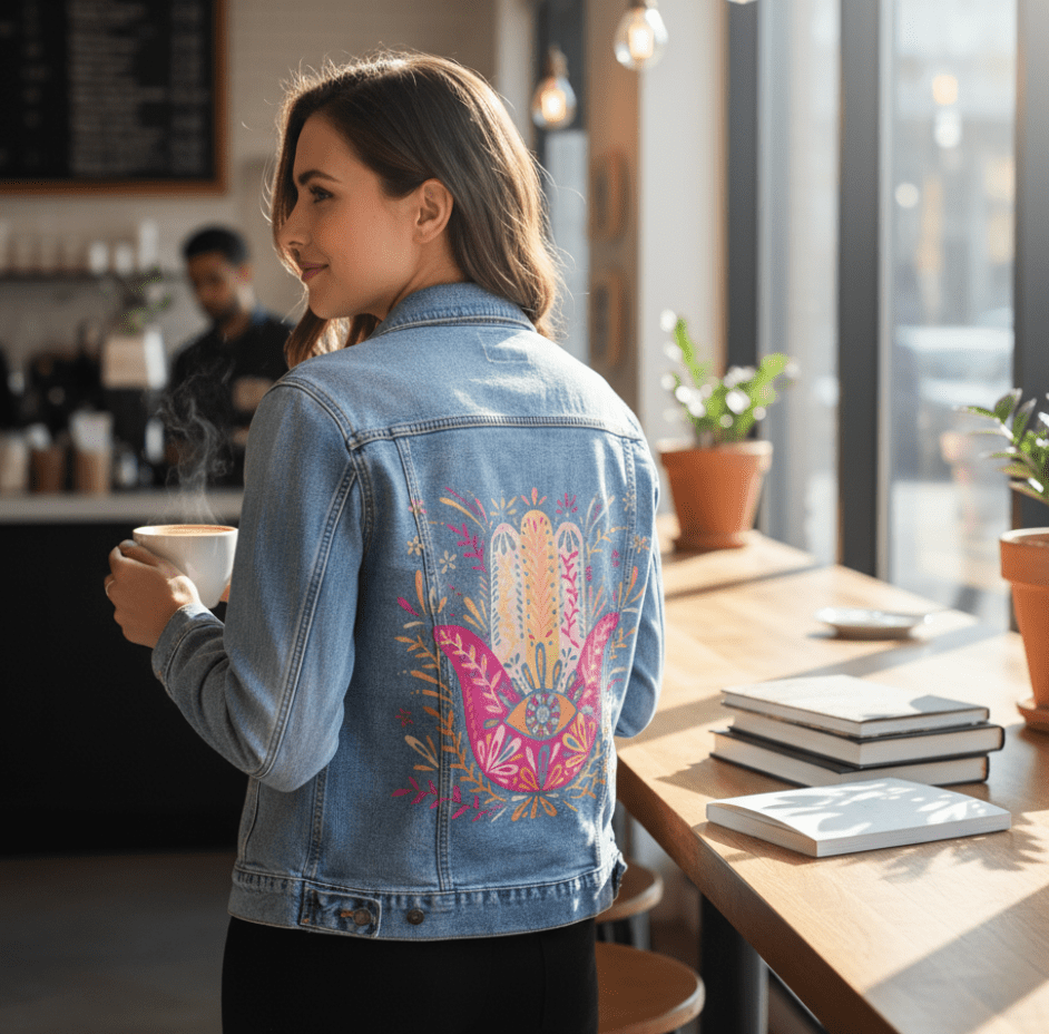 three-quarter rear view of a model seated at a sunlit café window holding a steaming mug, wearing a light stonewashed denim jacket featuring the “Hamsa Hand” artwork by CatCoq. the colorful symmetrical design includes floral detailing in coral, pink, mustard &amp; gold. a stack of books &amp; a ceramic saucer sit nearby on the wooden counter. morning sunlight streams through tall windows onto potted plants. artwork is digitally printed by DenimINK.