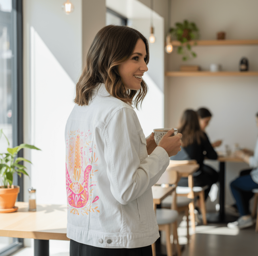 three-quarter rear view of a smiling model standing inside a bright café, holding a white ceramic mug with black decorative dots. they wear a white denim jacket featuring the “Hamsa Hand” by CatCoq, digitally printed in vibrant pink, gold &amp; coral tones. the symmetrical hand is surrounded by botanical flourishes &amp; a central eye. behind them, people chat at nearby tables under pendant lights. printed by DenimINK.