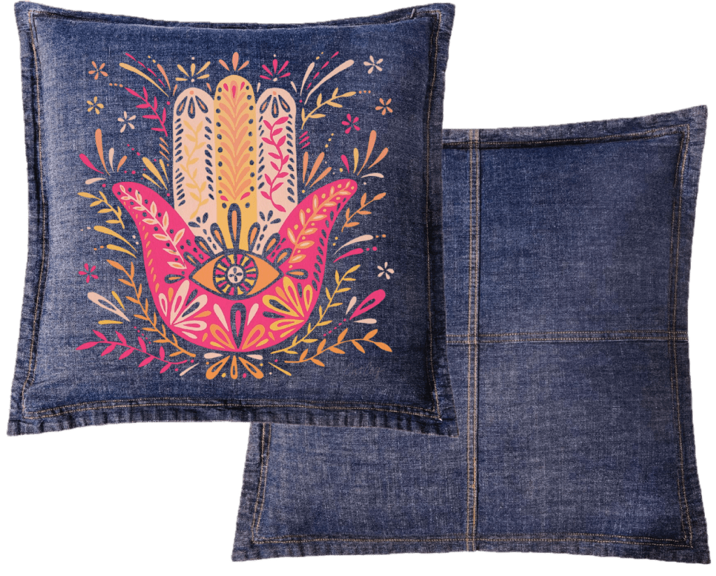 Denim pillow with colorful hamsa design. hamsa-hand-catcoq-throw-pillow-WIDE-mockup