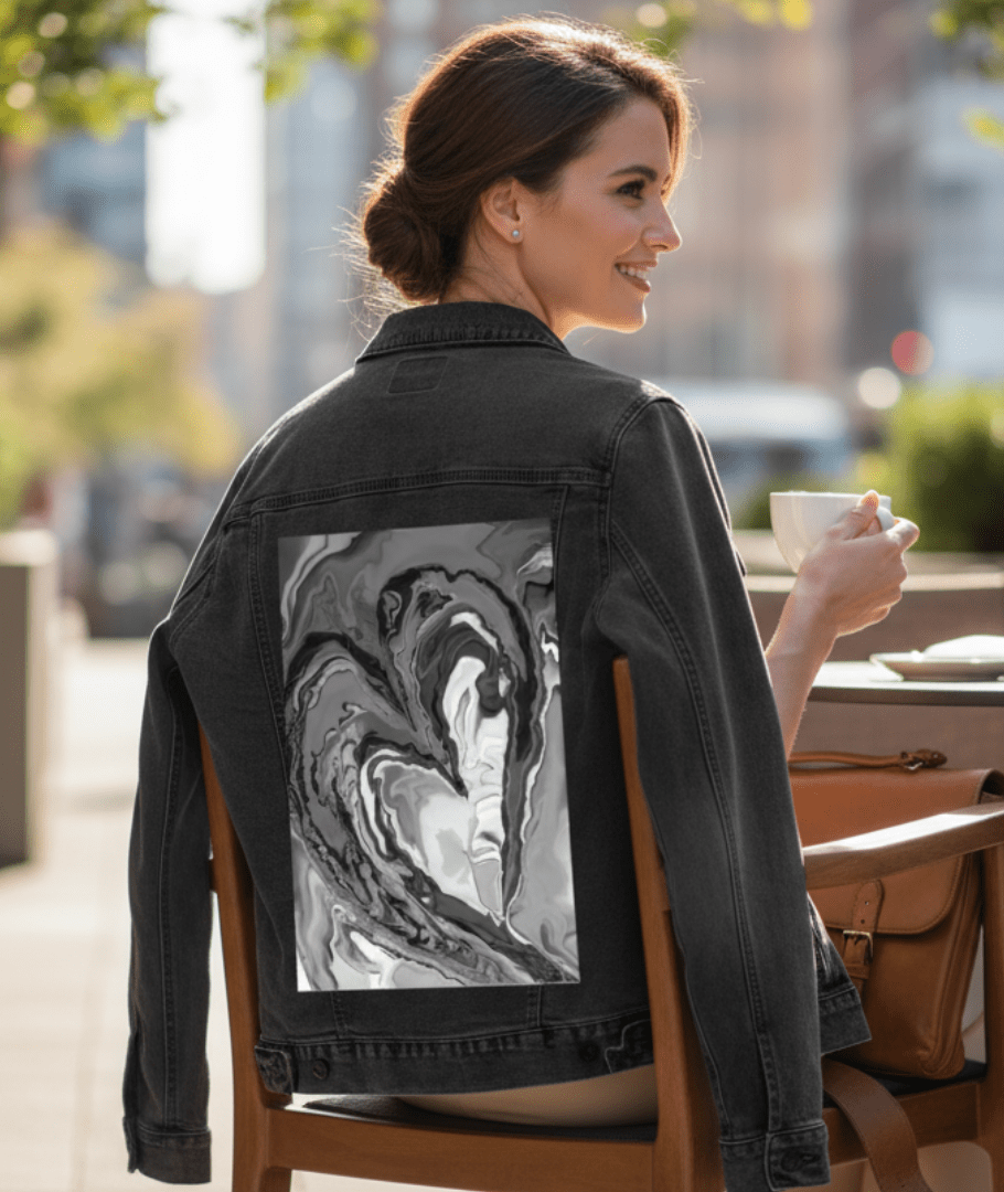 HEART MARBLE B W by RaMir DESIGNS, printed on denim jackets and other denim products: tote bags, throw pillows, table place mats, aprons