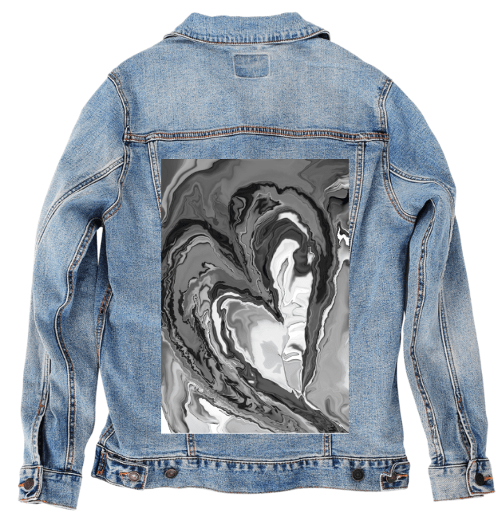 HEART MARBLE B W by RaMir DESIGNS, printed on denim jackets and other denim products: tote bags, throw pillows, table place mats, aprons