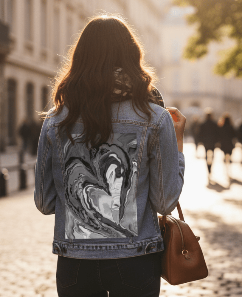 HEART MARBLE B W by RaMir DESIGNS, printed on denim jackets and other denim products: tote bags, throw pillows, table place mats, aprons