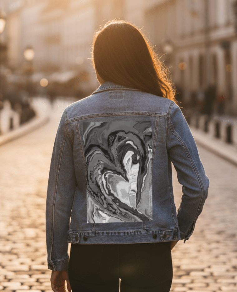 HEART MARBLE B W by RaMir DESIGNS, printed on denim jackets and other denim products: tote bags, throw pillows, table place mats, aprons