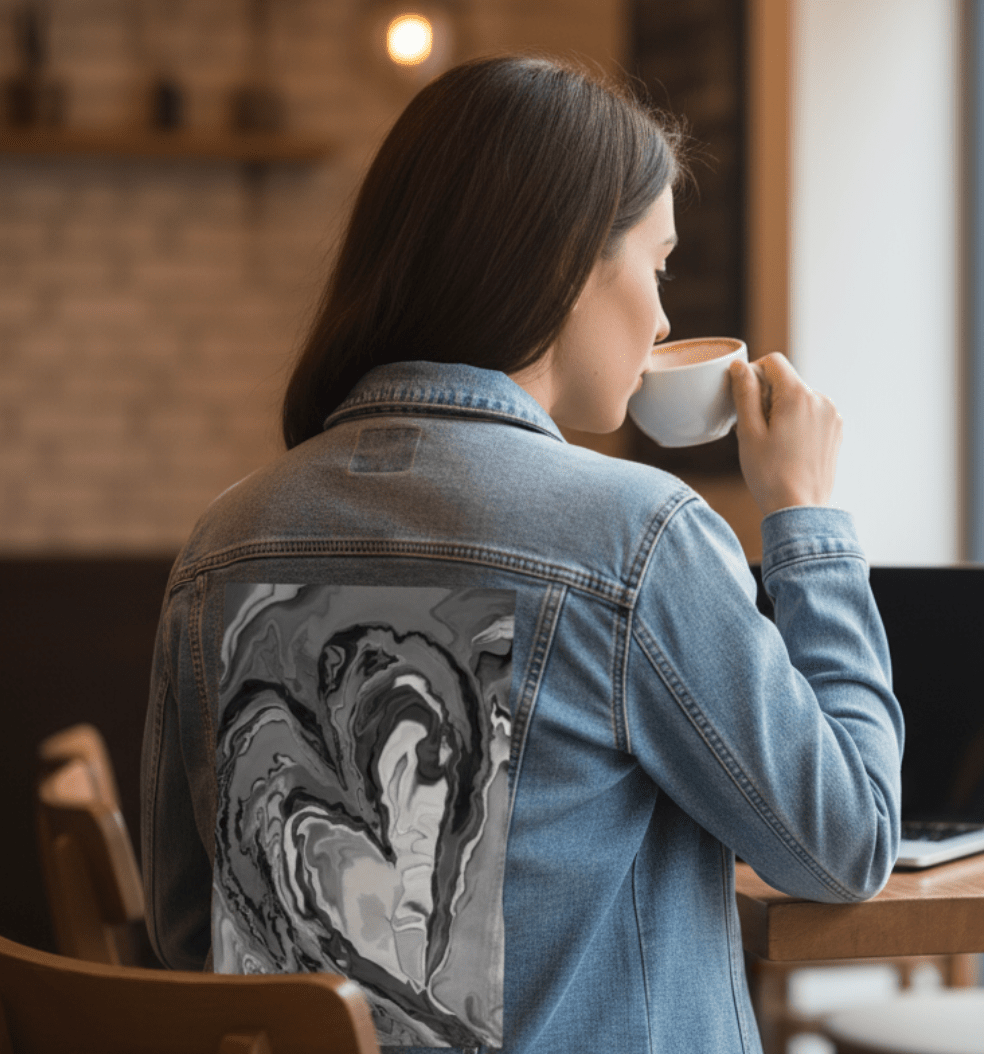 HEART MARBLE B W by RaMir DESIGNS, printed on denim jackets and other denim products: tote bags, throw pillows, table place mats, aprons