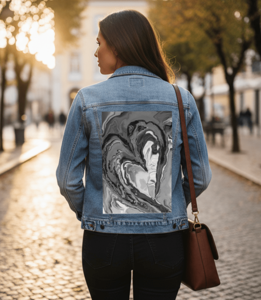 HEART MARBLE B W by RaMir DESIGNS, printed on denim jackets and other denim products: tote bags, throw pillows, table place mats, aprons