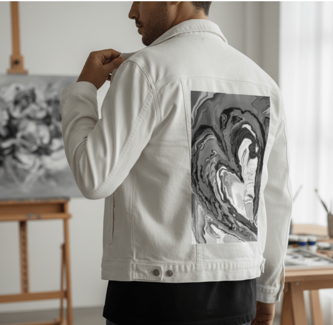 HEART MARBLE B W by RaMir DESIGNS, printed on denim jackets and other denim products: tote bags, throw pillows, table place mats, aprons