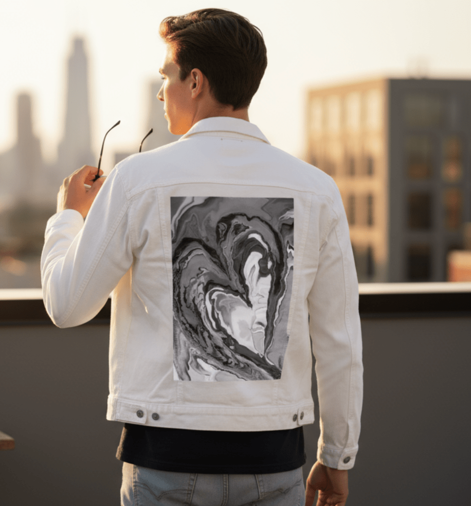 HEART MARBLE B W by RaMir DESIGNS, printed on denim jackets and other denim products: tote bags, throw pillows, table place mats, aprons