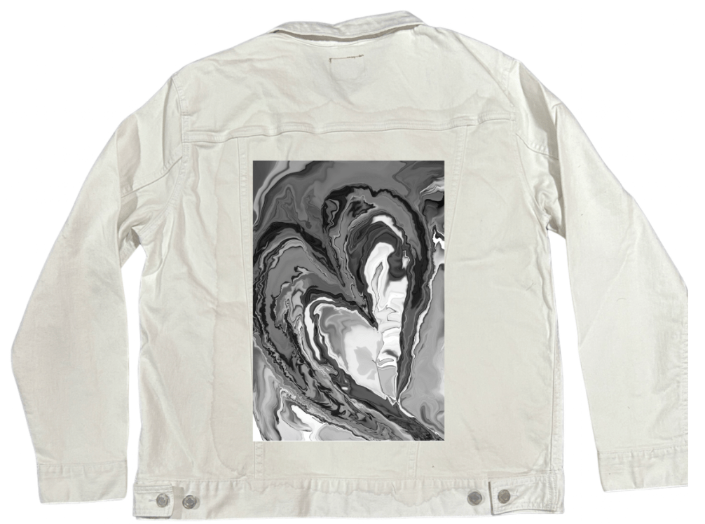 HEART MARBLE B W by RaMir DESIGNS, printed on denim jackets and other denim products: tote bags, throw pillows, table place mats, aprons