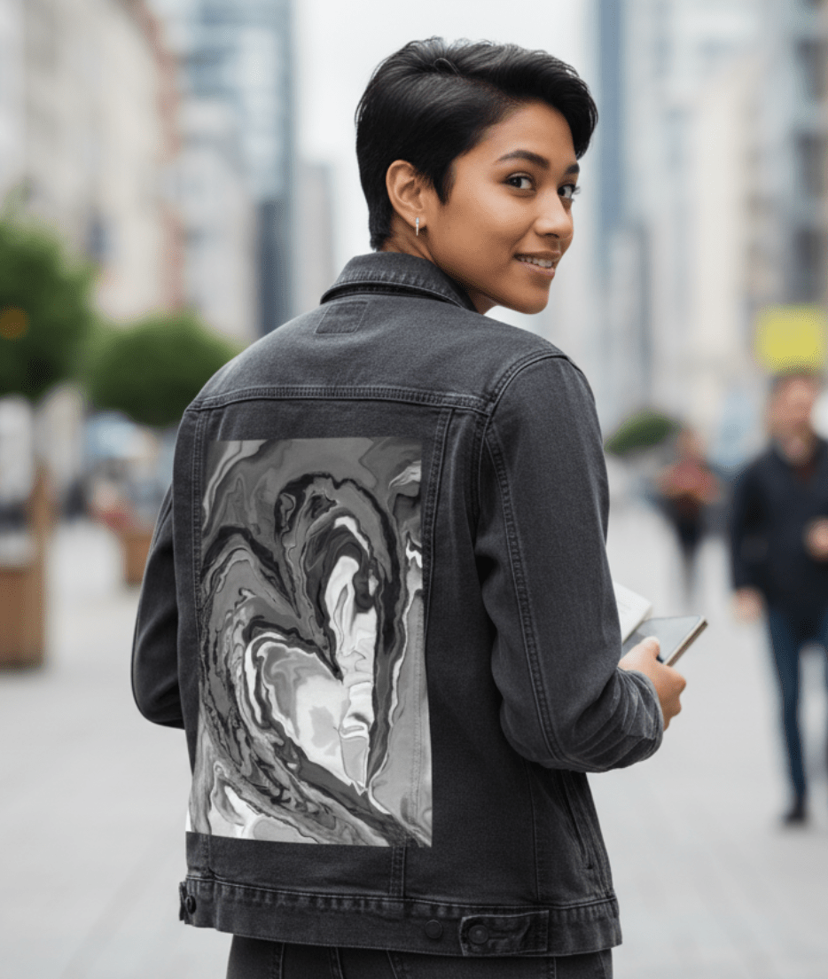 HEART MARBLE B W by RaMir DESIGNS, printed on denim jackets and other denim products: tote bags, throw pillows, table place mats, aprons