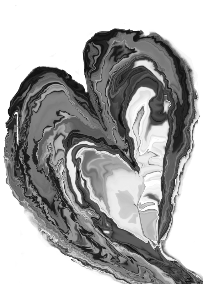 illustration of An abstract heart-shaped form created from swirling black, charcoal, gray, and white marbled paint. Layered liquid textures fold inward to define the heart silhouette, with bright white areas concentrated near the center and darker tones pooling along the outer curves. Thin gray ripples and fluid striations trace the flow, with irregular edges dissolving into a black background. This artwork is titled “Heart Marble” and created by RaMir Designs