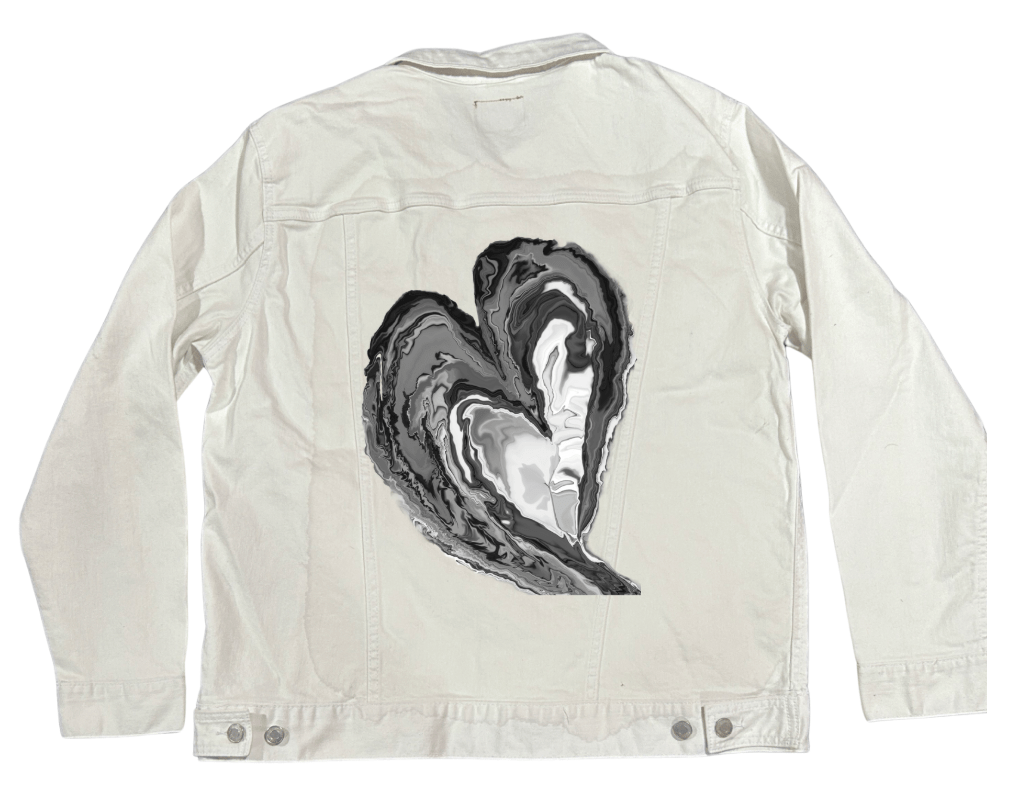 HEART MARBLE by RaMir DESIGNS, printed on denim jackets and other denim products: tote bags, throw pillows, table place mats, aprons