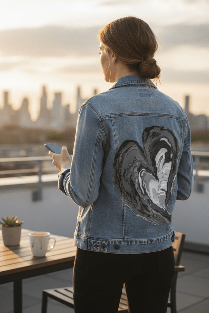 HEART MARBLE by RaMir DESIGNS, printed on denim jackets and other denim products: tote bags, throw pillows, table place mats, aprons